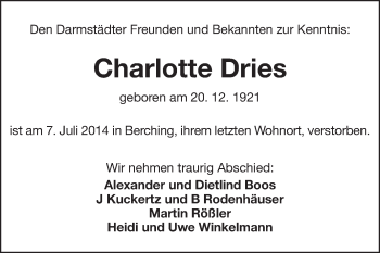 Traueranzeige von Charlotte Dries von Darmstädter Echo, Odenwälder Echo, Rüsselsheimer Echo, Groß-Gerauer-Echo, Ried Echo