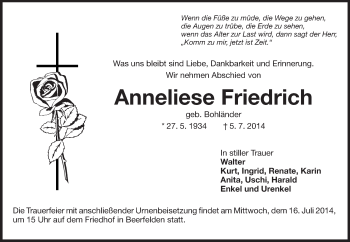 Traueranzeige von Anneliese Friedrich von Odenwälder Echo