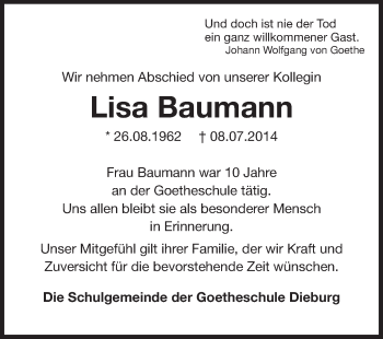 Traueranzeige von Lisa Baumann von Echo-Zeitungen (Gesamtausgabe)