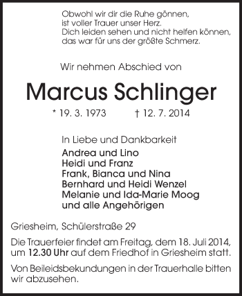 Traueranzeige von Marcus Schlinger von Echo-Zeitungen (Gesamtausgabe)