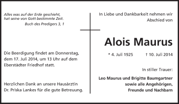 Traueranzeige von Alois Maurus von Echo-Zeitungen (Gesamtausgabe)