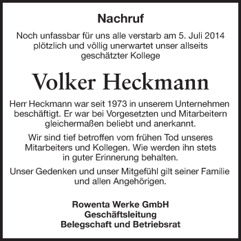 Traueranzeige von Volker Heckmann von Odenwälder Echo