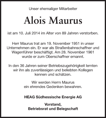 Traueranzeige von Alois Maurus von Echo-Zeitungen (Gesamtausgabe)