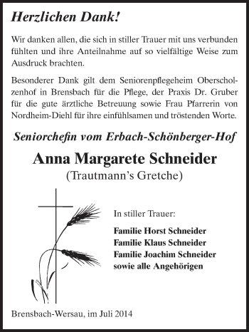 Traueranzeige von Anna Margarete Schneider von Odenwälder Echo