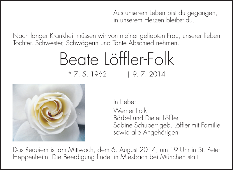  Traueranzeige für Beate Löffler-Folk vom 16.07.2014 aus Starkenburger Echo, Bergsträßer Anzeiger