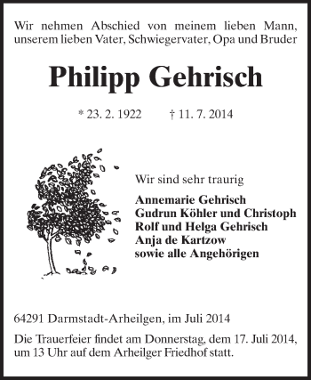Traueranzeige von Philipp Gehrisch von Echo-Zeitungen (Gesamtausgabe)