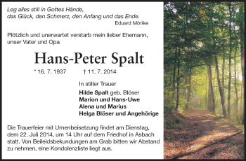 Traueranzeige von Hans-Peter Spalt von Echo-Zeitungen (Gesamtausgabe)