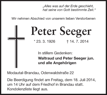 Traueranzeige von Peter Seeger von Echo-Zeitungen (Gesamtausgabe)