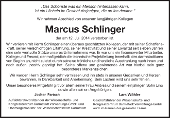 Traueranzeige von Marcus Schlinger von Echo-Zeitungen (Gesamtausgabe)