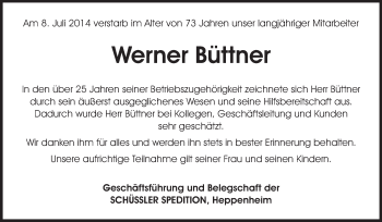 Traueranzeige von Werner Büttner von Starkenburger Echo, Bergsträßer Anzeiger