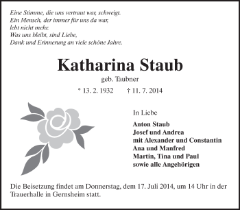 Traueranzeige von Katharina Staub von Echo-Zeitungen (Gesamtausgabe)