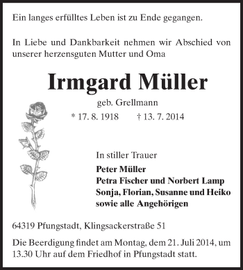 Traueranzeige von Irmgard Müller von Echo-Zeitungen (Gesamtausgabe)