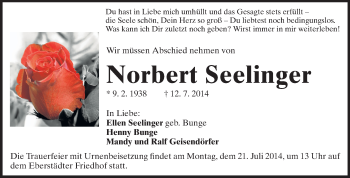 Traueranzeige von Norbert Seelinger von Echo-Zeitungen (Gesamtausgabe)