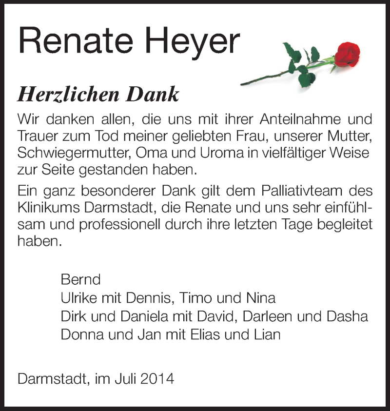  Traueranzeige für Renate Heyer vom 19.07.2014 aus Echo-Zeitungen (Gesamtausgabe)