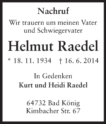 Traueranzeige von Helmut Raedel von Odenwälder Echo