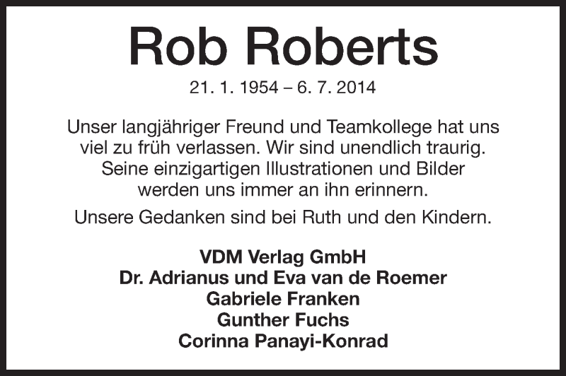  Traueranzeige für Rob Roberts vom 16.07.2014 aus Odenwälder Echo
