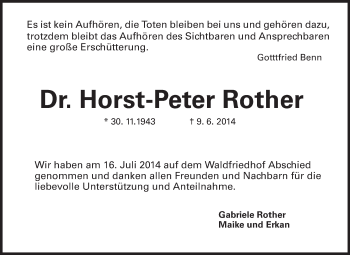 Traueranzeige von Horst-Peter Rother von Echo-Zeitungen (Gesamtausgabe)