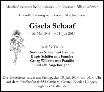 Traueranzeige von Gisela Schaaf von Echo-Zeitungen (Gesamtausgabe)