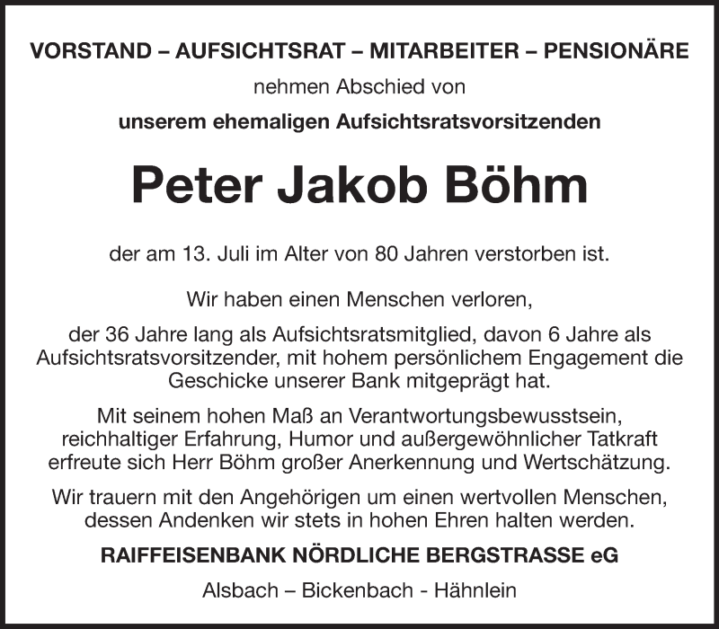  Traueranzeige für Peter Jakob Böhm vom 16.07.2014 aus Echo-Zeitungen (Gesamtausgabe)