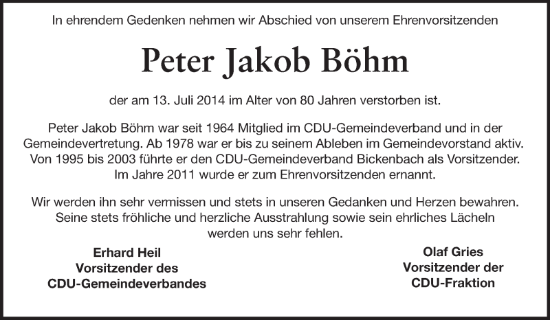  Traueranzeige für Peter Jakob Böhm vom 18.07.2014 aus Echo-Zeitungen (Gesamtausgabe)