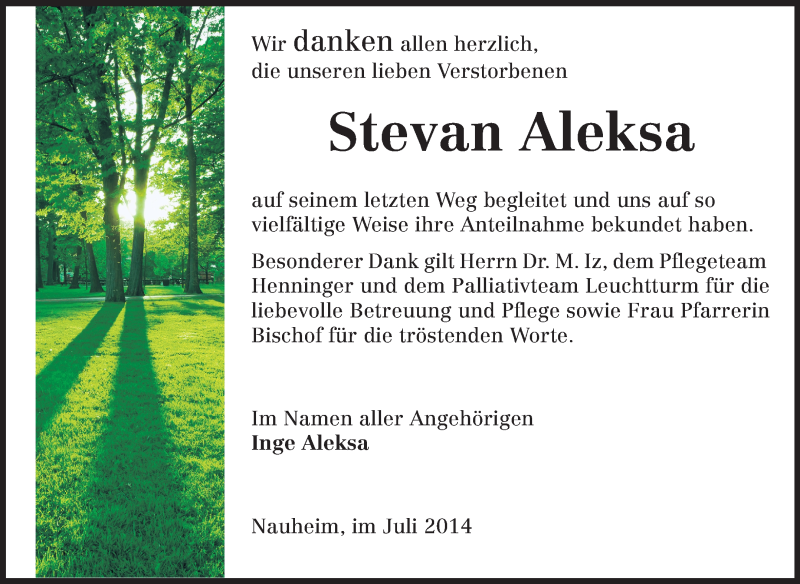  Traueranzeige für Stevan Aleksa vom 19.07.2014 aus Rüsselsheimer Echo, Groß-Gerauer-Echo, Ried Echo