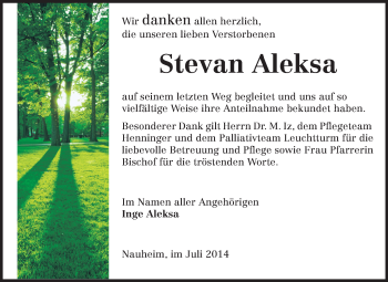 Traueranzeige von Stevan Aleksa von Rüsselsheimer Echo, Groß-Gerauer-Echo, Ried Echo