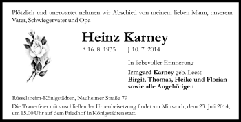 Traueranzeige von Heinz Karney von Rüsselsheimer Echo, Groß-Gerauer-Echo, Ried Echo