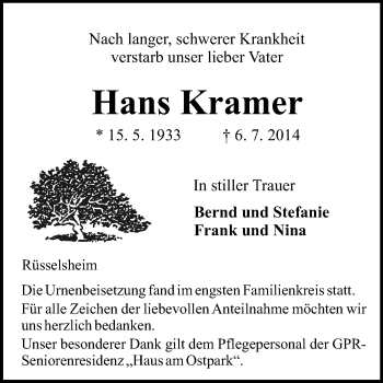 Traueranzeige von Hans Kramer von Rüsselsheimer Echo, Groß-Gerauer-Echo, Ried Echo