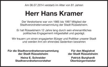 Traueranzeige von Hans Kramer von Echo-Zeitungen (Gesamtausgabe)