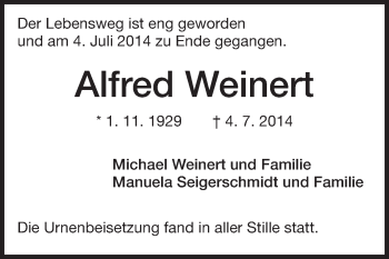 Traueranzeige von Alfred Weinert von Rüsselsheimer Echo, Groß-Gerauer-Echo, Ried Echo