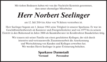 Traueranzeige von Norbert Seelinger von Echo-Zeitungen (Gesamtausgabe)