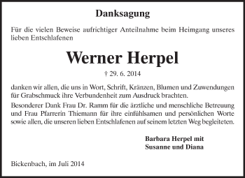 Traueranzeige von Werner Herpel von Echo-Zeitungen (Gesamtausgabe)