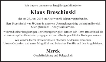 Traueranzeige von Klaus Broschinski von Echo-Zeitungen (Gesamtausgabe)