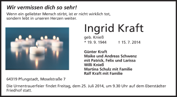 Traueranzeige von Ingrid Kraft von Echo-Zeitungen (Gesamtausgabe)