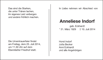 Traueranzeige von Anneliese Indorf von Echo-Zeitungen (Gesamtausgabe)