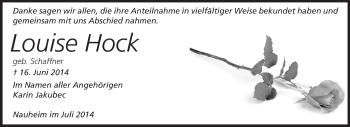 Traueranzeige von Louise Hock von Rüsselsheimer Echo, Groß-Gerauer-Echo, Ried Echo