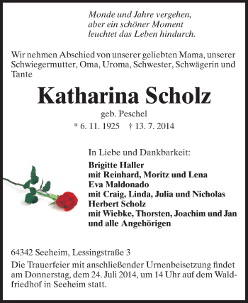 Traueranzeige von Katharina Scholz von Echo-Zeitungen (Gesamtausgabe)