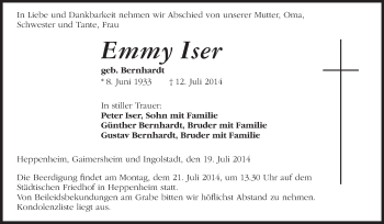 Traueranzeige von Emmy Iser von Starkenburger Echo