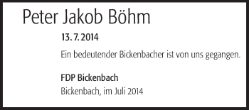 Traueranzeige von Peter Jakob Böhm von Echo-Zeitungen (Gesamtausgabe)