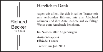 Traueranzeige von Richard Becker von Rüsselsheimer Echo, Groß-Gerauer-Echo, Ried Echo