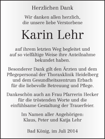 Traueranzeige von Karin Lehr von Odenwälder Echo