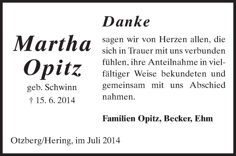  Traueranzeige für Martha Opitz vom 19.07.2014 aus Echo-Zeitungen (Gesamtausgabe)