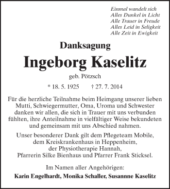 Traueranzeige von Ingeborg Kaselitz von Starkenburger Echo