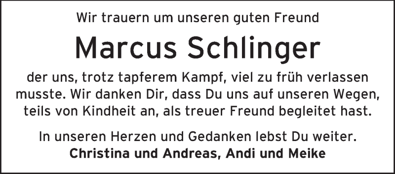  Traueranzeige für Marcus Schlinger vom 19.07.2014 aus Echo-Zeitungen (Gesamtausgabe)