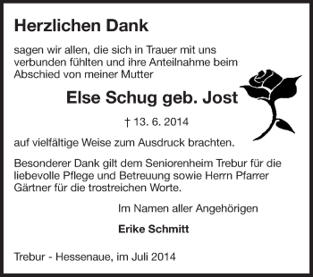 Traueranzeige von Else Schug von Rüsselsheimer Echo, Groß-Gerauer-Echo, Ried Echo