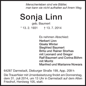 Traueranzeige von Sonja Linn von Echo-Zeitungen (Gesamtausgabe)