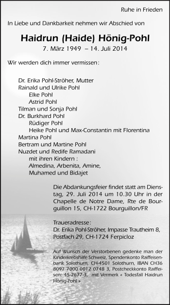 Traueranzeige von Haidrun Haide Hönig-Pöhl von Echo-Zeitungen (Gesamtausgabe)