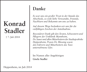 Traueranzeige von Konrad Stadler von Starkenburger Echo