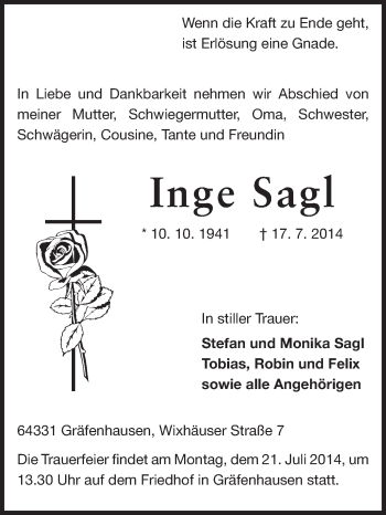 Traueranzeige von Inge Sagl von Echo-Zeitungen (Gesamtausgabe)