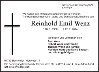 Traueranzeige von Reinhold Emil Wenz von Odenwälder Echo